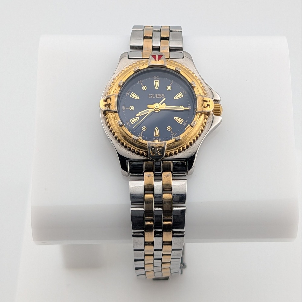 Vintage 1995 GUESS Two-Tone Blue Dial Rotating Bezel Women's Diver Watch 30mm 7"